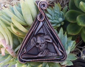 Skull & Bones Silver Sheen Obsidian Copper Wire Wrap Pendant