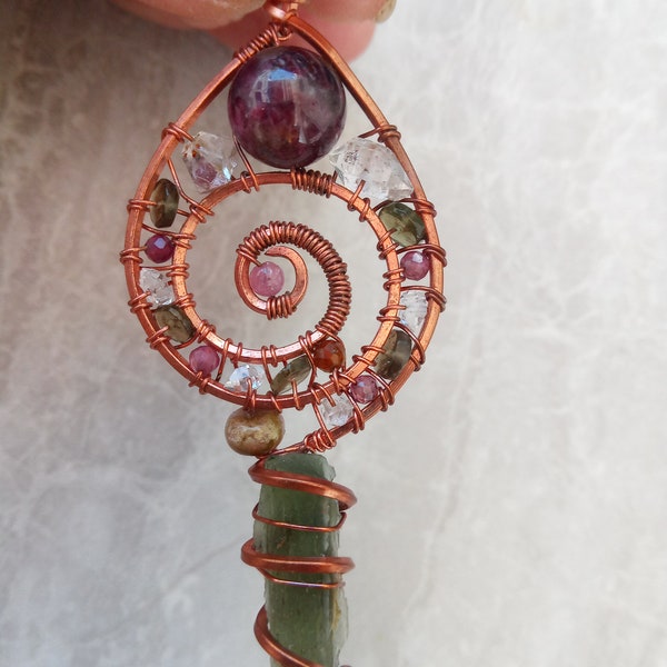 Oh So High/Sacred Spiral/ Moldavite, Double Terminated Pakimer Quartz, Pink Tourmaline, Rubellite, Copper Wire Wrap Pendant, One of a Kind