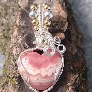 Love Rocks///Rhodochrosite heart and Sterling Silver Wire Wrap Pendant, One of a Kind, Handmade, Art