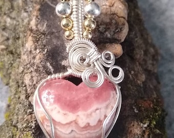 Rhodochrosite Heart Pendant, Sterling Silver Wire Wrap, Handmade