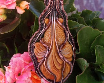Carved Jasper Koi Fish Pendant, Patinated Copper Wire Wrap, Pisces Jewelry