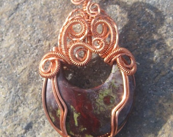 Bloodstone Crescent Moon Pendant, Copper Wire Wrapped, Handmade