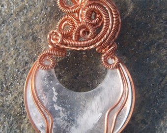 Quartz Crescent Moon Copper Wire Wrapped Pendant, Handmade
