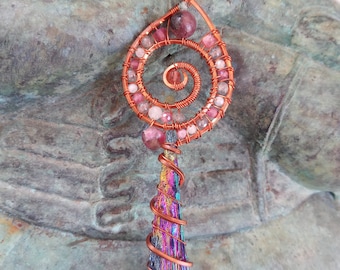 Sacred Spiral Titanium Kyanite Copper Wire Wrap Pendant, Rubellite Tourmaline Labradorite