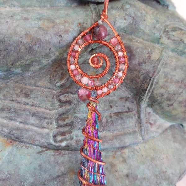 Sacred Spiral//Grounded Awareness//Titanium Infused Black Kyanite, Rubellite, Pink Tourmaline, Labradorite, Quartz, Copper Wire wrap Pendant