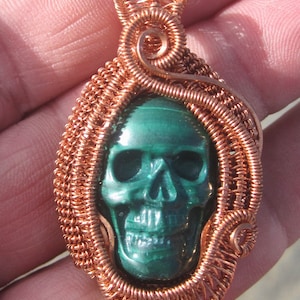 Reincarnation/// Malachite Skull and Copper Wire Wrap Pendant, One of a Kind, Handmade, Art