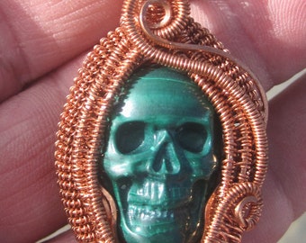 Reincarnation/// Malachite Skull and Copper Wire Wrap Pendant, One of a Kind, Handmade, Art