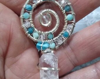 Handmade Sterling Silver Wire Wrap Pendant, Quartz, Amazonite, Apatite