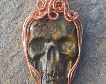 Tiger Eye Skull Pendant, Copper Wire Wrapped, Handmade