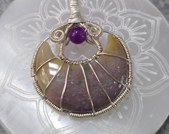 Ocean Jasper Moon Pendant, Amethyst, Sterling Silver Wire Wrapped
