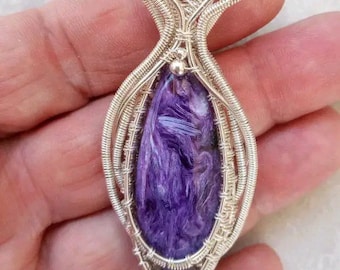 Charoite Grape Agate Sterling Silver Wire Wrapped Pendant