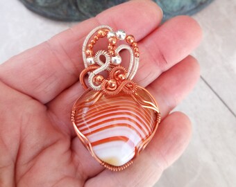 Carnelian Heart Pendant, Copper Sterling Silver Wire Wrap, Handmade Jewelry