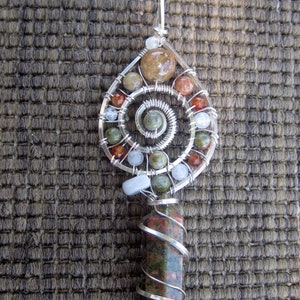 Sacred Spiral///Divine Support///Unakite, Jasper, Moonstone, Citirine, and Sterling Silver Wire Wrap Pendant, One of a Kind, Handmade, Art