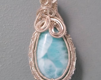 Larimar Teardrop Pendant, Peacock Blue Topaz, Sterling Silver Wire Wrap