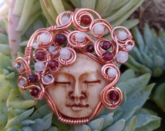 Carved Bone Moon Face Goddess Pendant, Moonstone Garnet Copper Wire Wrapped