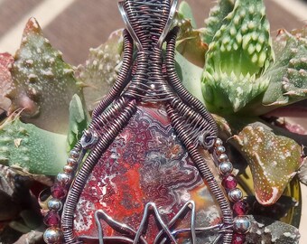 Crazy Lace Agate Sterling Silver Wire Wrapped Pendant, Marcasite Garnet Lotus