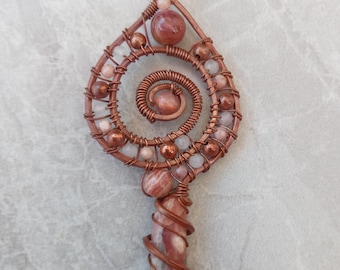 Sacred Spiral Rhodochrosite Copper Spiral Pendant, Moonstone Gem, Handmade