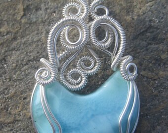 Larimar Crescent Moon Pendant, Sterling Silver Wire Wrap, Handmade