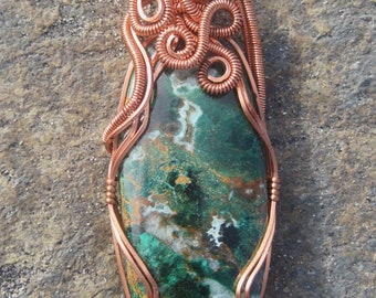 Handmade Fibrous Malachite, Cuprite, Quartz Copper Wire Wrap Pendant