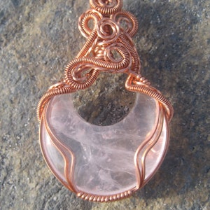 Crescent Rose/// Rose Quartz Crescent Moon and Copper Wire Wrap Pendant, One of a Kind, Handmade, Art