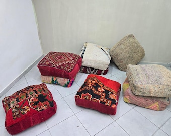 Moroccan vintage Pouf Ottoman, Handmade Genuine wool Floor Cushion, Boho Footstool (Unstuffed)