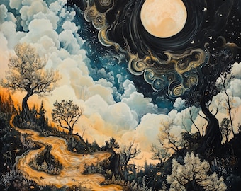 Moonlit Dreamscape Art – Surreal Celestial Landscape Print (Digital Download)