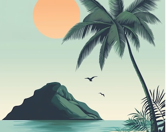 Coastal Sunset Print - Retro Palm Tree Island Art (Digital Download)