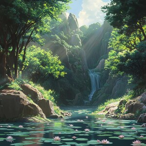 Tranquil Falls - Serene Waterfall Art, Zen Nature Print, Lush Forest Painting, Peaceful Pond Scene, Relaxing Green Landscape