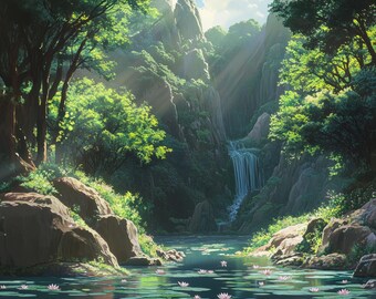 May include: A lush green forest scene with a waterfall cascading into a still pond. Sunlight streams through the trees, illuminating the water and the lily pads floating on the surface.
