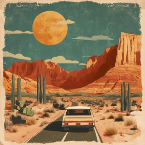 Könnte beinhalten: Vintage-Stil Illustration einer Wüstenlandschaft mit einer Straße und einem weiß-orangen Van, der auf den Betrachter zufährt. Eine große orangefarbene Sonne am Himmel, mit roten Felsformationen und Kakteen im Hintergrund. Das Kunstwerk hat eine Retro-Ästhetik mit Reisethema.