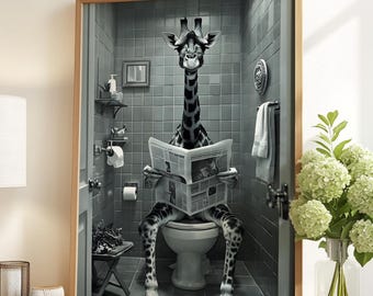 Funny Giraffe Bathroom Print, Toilet Newspaper Art (Digital Download)