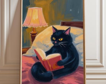 Cat Reading Digital Art Print – Black Cat Wall Art, Cozy Bedroom Poster, Book Lover Illustration, Cat in Bed Printable, Reading Decor