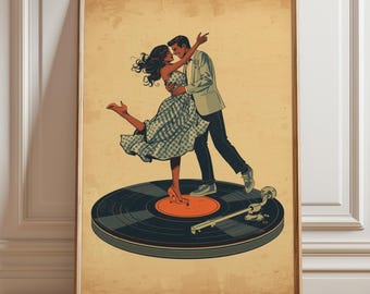 踊るカップルの音楽ポスター、レトロなビニールレコードのウォールアートプリント、リビングルームやバレンタインギフトに最適なモダンミュージック風イラスト