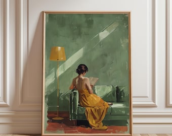 Sage Green Reading Woman Art Print, Minimalist Bedroom Decor (Digital Download)