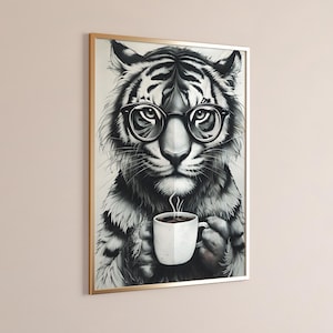 Tiger Drinking Coffee & Wearing Glasses, Funny coffee Wall Art, Vintage Style Retro Art, Coffee Shop Decor, Coffee Lovers, Printable AI Art