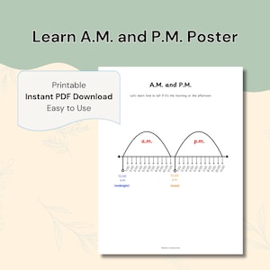 May include: A white educational poster titled A.M. and P.M. featuring a horizontal timeline with two arches representing morning and afternoon hours. The chart includes labels for 12:00 a.m. midnight and 12:00 p.m. noon with hourly increments.