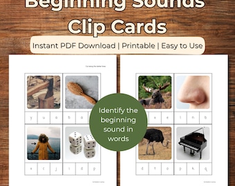 Beginning Sounds Clip Cards, Learn to Read, Montessori Phonics Activity, Phonemic Awareness Printable PDF
