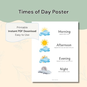 May include: A Times of Day educational poster featuring watercolor illustrations of weather icons for morning, afternoon, evening, and night. The text includes Printable Instant PDF Download Easy to Use and labels for each time period with descriptive subtext.