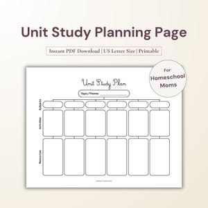 May include: A white Unit Study Planning Page template with black lines, featuring a central topic box, six subject headers, and columns for activities and resources. The text reads Unit Study Planning Page, Instant PDF Download, US Letter Size, Printable, and For Homeschool Moms.