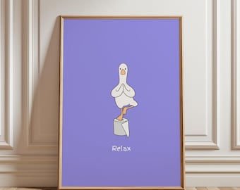 Lámina decorativa para baño con diseño de pato haciendo yoga / Arte mural con animales divertidos (Descarga digital)