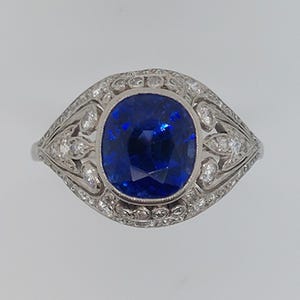 Vintage Inspired Engagement Ring, Sapphire Gemstone Ring, Bezel Set Blue Cushion Cut CZ Stone Edwardian Ring, Antique Art Deco Filigree Ring