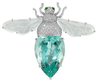 Unique &quot;HONEY BEE&quot; Brooch, Mother Of Pearl Wings Brooch, Aquamarine Teardrop Brooch, Gemstone Insect Jewelry, 925 Silver Party Wear Brooch