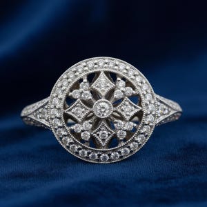 Circa 1920's Antique Vintage Style Ring, Round Moissanite Diamond Ring, Art Deco Milgrain Ring, Halo Edwardian Engagement Ring For Mother