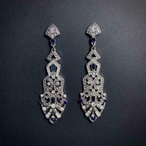 Unique Dangle Drop Wedding Earring, Blue Baguette & Round Cut CZ Stone Earring, 925 Silver Drop Earring, Women&#39;s Earring, Party Wear Earring