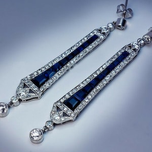Mid-Century Edwardian Wedding Earring, Vintage Style Sapphire Earring, Round & Sapphire Baguette Cut Dangle Drop Earring, Retro Earring