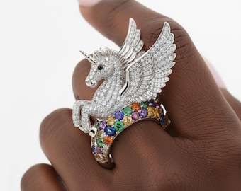 Rainbow Unicorn Ring, Multi Color Round CZ Stone Animal Inspired Ring, Flying Horse Kid's Ring, Mystical  Gift For Him And Her, Wedding Ring
