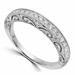 Half Eternity Engagement Band, Round Cut Moissanite Diamond Milgrain Band, Art Deco Filigree Band, Anniversary Gift, Wedding Proposal Band