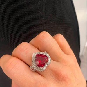 Ruby Heart Cut CZ Stone Double Halo Ring, Heart Shape Ring For Women, Gemstone Engagement Ring, Gift For Girlfriend, Wedding Bridal Ring