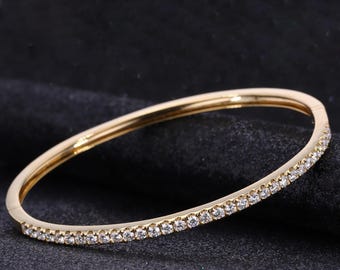 Pulsera rígida de oro amarillo de 18 quilates para mujer, pulsera redonda de moissanita y diamantes, regalo de boda, pulsera para uso diario, pulsera para la oficina.