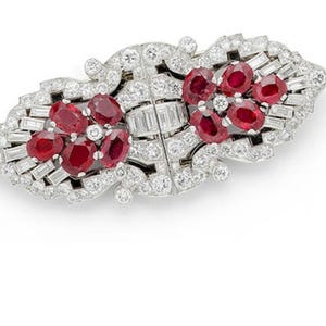 Gorgeous Art Deco Ruby Brooch, Multi Shape CZ Stone Brooch For Women, Gemstone Wedding Brooch, 925 Silver Antique Brooch, Anniversary Gift